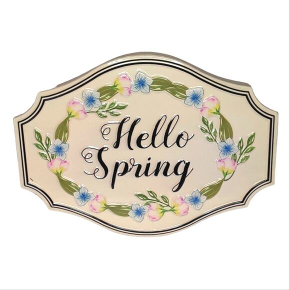 Hello Spring Enamel Metal Wall Sign Easter Decor Pink and Blue‎ Flowers - Picture 1 of 12